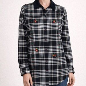Basic Editions Holiday Plaid Button Down Shirt Embroidered Floral velvet collar